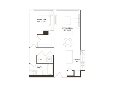 Floor plan for 1 bed, 1 bath, 810 sqft